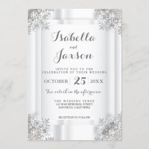 Convites Satin Branco Elegante e Ornamentado Prata Branco
