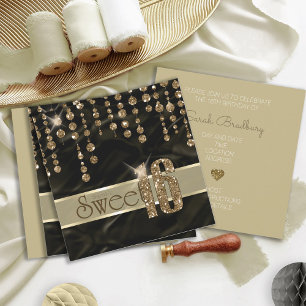 Convites Satin Jewel Sweet, 16 Black Dourado ID260