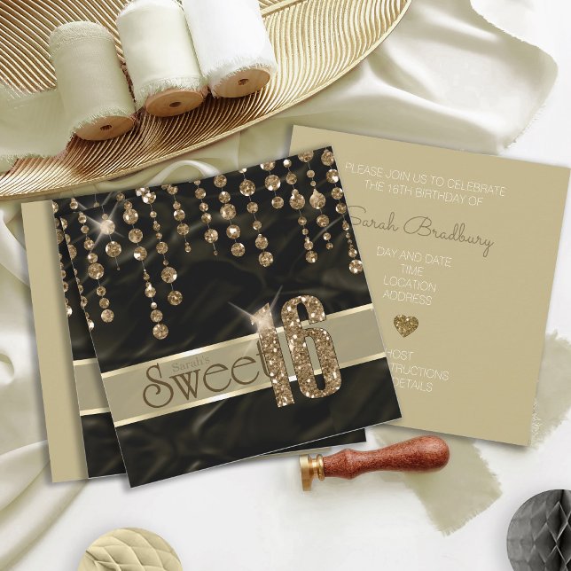 Convites Satin Jewel Sweet, 16 Black Dourado ID260 (Criador carregado)