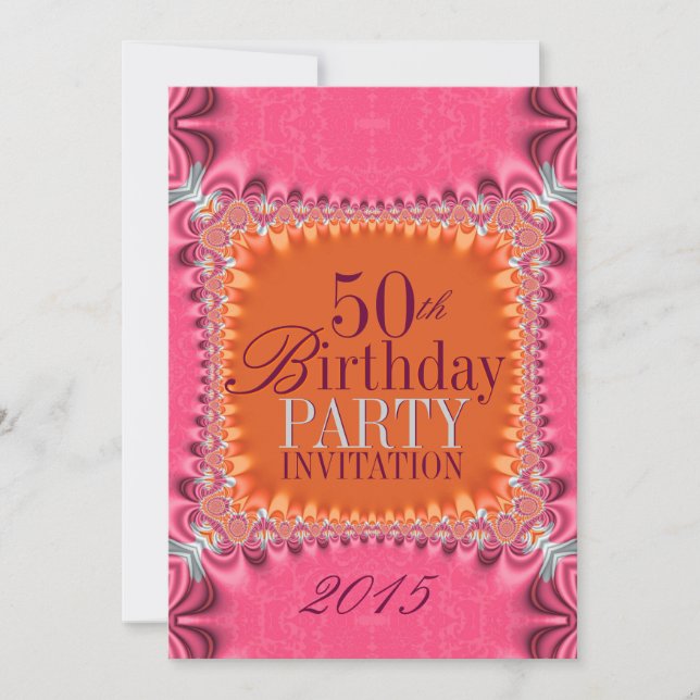 Convites Satin Orange Pink Damask 50th Birthday Invite (Frente)