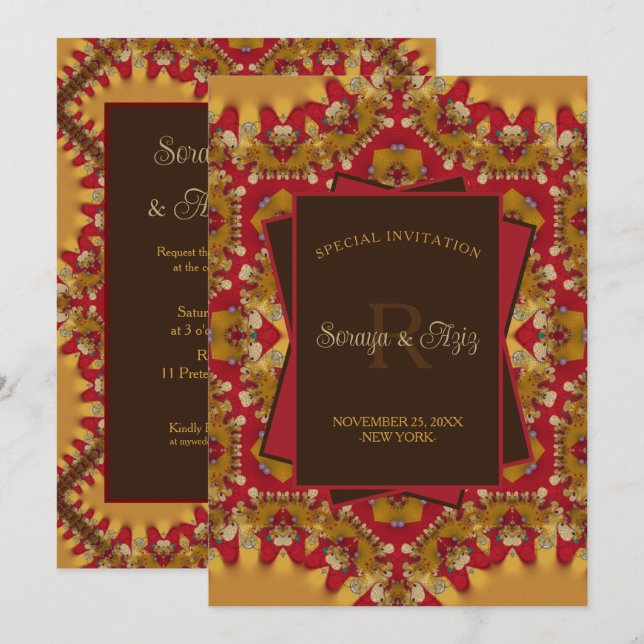 Convites Satinê Lace Monograma Dourado Vermelho do Leste Ev (Frente/Verso)