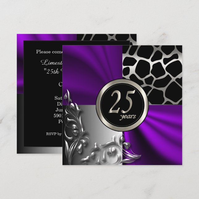 Convites Satinê Roxo e Prata Festa de 25 Anos (Frente/Verso)