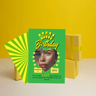 Convites Saudações de Aniversário Retro Verde e Amarelo, vi
