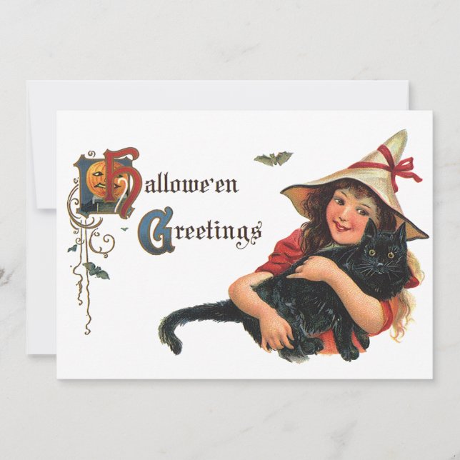 Convites Saudações de Halloween Vintage, Bruxa Infantil com (Frente)