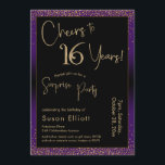 Convites Saúde a 16 anos Surpresa Festa de aniversário, Rox<br><div class="desc">Usando duas fontes distintas, criei gráficos para seu anúncio e embelezei-os com um efeito de ouro falso-metálico para uma vibração festiva. Embora cada parte possa ser movida para se adequar às suas necessidades, o cabeçalho diz "Saúde a 16 Anos!" e "Partido Surpresa". ("Surpresa" pode ser removida se a sua parte...</div>