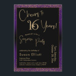 Convites Saúde a 16 anos Surpresa Festa de aniversário, Rox<br><div class="desc">Usando duas fontes distintas, criei gráficos para seu anúncio e embelezei-os com um efeito de ouro falso-metálico para uma vibração festiva. Embora cada parte possa ser movida para se adequar às suas necessidades, o cabeçalho diz "Saúde a 16 Anos!" e "Partido Surpresa". ("Surpresa" pode ser removida se a sua parte...</div>