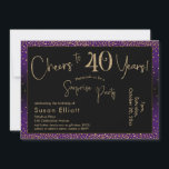 Convites Saúde aos 40 anos Surpresa Aniversário, Roxo<br><div class="desc">Usando duas fontes distintas, criei gráficos para seu anúncio e embelezei-os com um efeito de ouro falso-metálico para uma vibração festiva. Embora cada parte possa ser movida para se adequar às suas necessidades, o cabeçalho diz "Saúde a 40 Anos!" e "Partido Surpresa". ("Surpresa" pode ser removida se a sua parte...</div>
