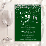 Convites Saúde Aos 50 Anos De Aniversário - Prata Verde<br><div class="desc">50º Convite de Aniversário. Saúde Para 50 Anos! Design elegante em verde,  branco e prata. Apresenta óculos de champanhe,  fonte de script e confete prateado brilhante. Perfeito para na moda 50 festas de aniversário. Personalize com seus próprios detalhes. Pode ser personalizado para mostrar qualquer idade.</div>