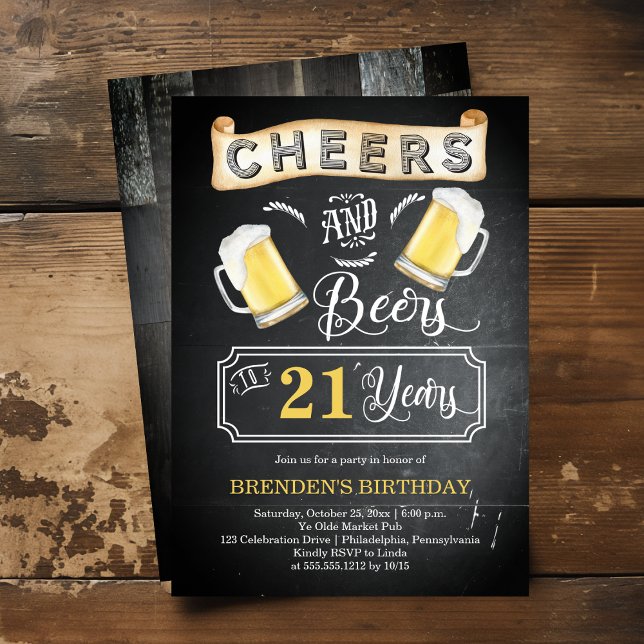 Convites Saúde e Cerveja a 21 anos de Festa de aniversário (Cheers and Beers to 21 Years Rustic Barroom-Style Birthday Party Invitation)