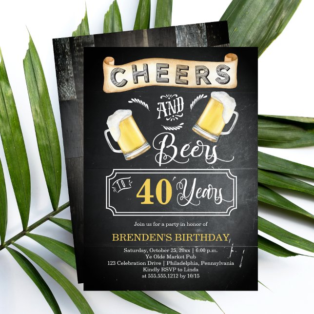 Convites Saúde e Cerveja a 40 anos de Festa de aniversário (Cheers and Beers to 40 Years Chalkboard Look 40th Birthday Party Invitation)