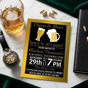 Convites Saúde e Cervejas Festa de aniversário Preta e Dour