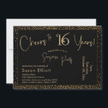 Convites Saúde para 16 anos Surpresa Aniversário Dourado e<br><div class="desc">Usando duas fontes distintas, criei gráficos para seu anúncio e embelezei-os com um efeito de ouro falso-metálico para uma vibração festiva. Embora cada parte possa ser movida para se adequar às suas necessidades, o cabeçalho diz "Saúde a 16 Anos!" e "Partido Surpresa". ("Surpresa" pode ser removida se a sua parte...</div>