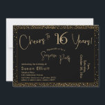 Convites Saúde para 16 anos Surpresa Aniversário Dourado e<br><div class="desc">Usando duas fontes distintas, criei gráficos para seu anúncio e embelezei-os com um efeito de ouro falso-metálico para uma vibração festiva. Embora cada parte possa ser movida para se adequar às suas necessidades, o cabeçalho diz "Saúde a 16 Anos!" e "Partido Surpresa". ("Surpresa" pode ser removida se a sua parte...</div>