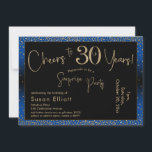 Convites Saúde para 30 anos Surpresa Aniversário Dourado e<br><div class="desc">Usando duas fontes distintas, criei gráficos para seu anúncio e embelezei-os com um efeito de ouro falso-metálico para uma vibração festiva. Embora cada parte possa ser movida para se adequar às suas necessidades, o cabeçalho diz "Saúde a 30 Anos!" e "Partido Surpresa". ("Surpresa" pode ser removida se a sua parte...</div>