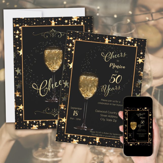 Convites Saúde para 50 anos de aniversário do Black & Doura (Cheers for 50 Years Elegant Black & Gold Sparkle Birthday Invitation.
)