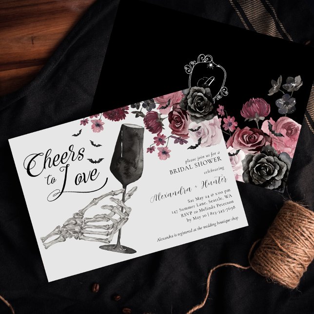 Convites Saúde para Amar o Skeleton Palavra Gótica Floral (Cheers to Love Skeleton Hand Floral Gothic Bridal Invitation)