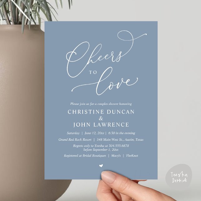 Convites Saúde para o amor, Partido dos Chás Românticos (Cheers to love, Romantic Couples Shower Modern Party Winery Invitation Card, PDF, Summer Dusty Blue)