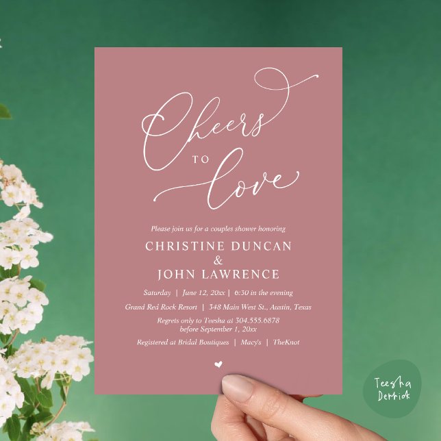 Convites Saúde para o amor, Partido dos Chás Românticos (Cheers to love, Romantic Couples Shower Modern Party Winery Invitation Card, PDF, Summer Dusty Rose)
