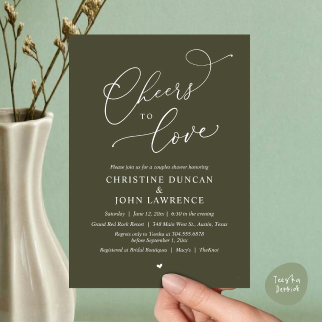 Convites Saúde para o amor, Partido dos Chás Românticos (Cheers to love, Romantic Couples Shower Modern Party Winery Invitation Card, PDF, Summer Olive Green)