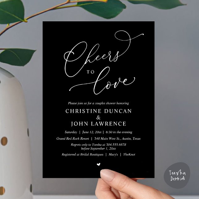 Convites Saúde para o amor, Partido dos Chás Românticos (Cheers to love, Romantic Couples Shower Modern Party Winery Invitation Card, PDF, Summer White Black)