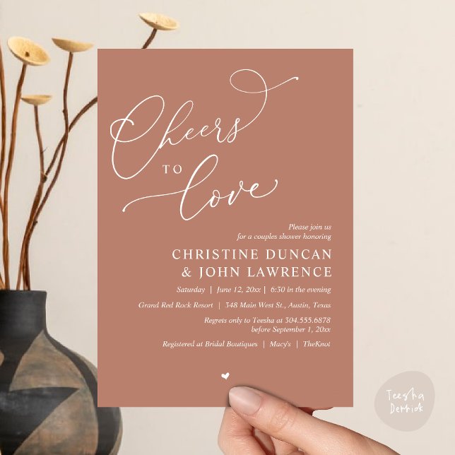 Convites Saúde para o amor, Partido dos Chás Românticos (Cheers to love, Romantic Couples Shower Modern Party Winery Invitation Card PDF Summer Earthy Brown)