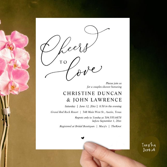 Convites Saúde para o amor, Partido dos Chás Românticos (Cheers to love, Romantic Couples Shower Modern Party Winery Invitation Card PDF Summer White Black)