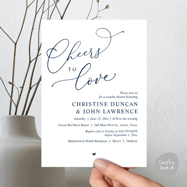 Convites Saúde para o amor, Partido dos Chás Românticos (Cheers to love, Romantic Couples Shower Modern Party Winery Invitation Card PDF Summer Navy Blue)