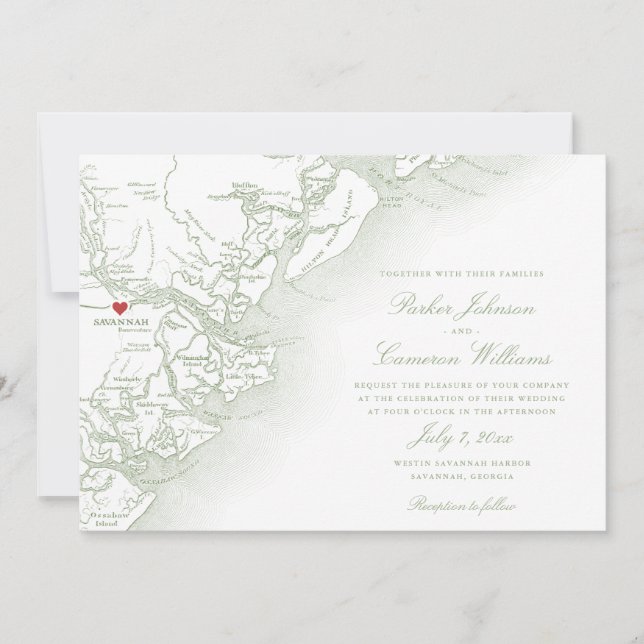 Convites Savannah Georgia Mapa Elegante Sage Casamento Verd (Frente)