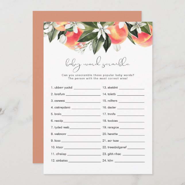 Convites SAVANNAH Peach Baby Word Scramble Chá de fraldas G (Frente/Verso)