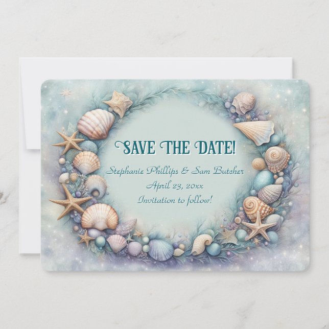 Convites Save the Date Beach Seashells Coastal Themed (Frente)