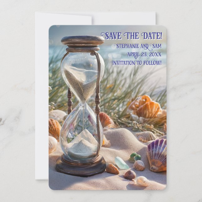 Convites Save the Date Beach Seashells Hourglass (Frente)