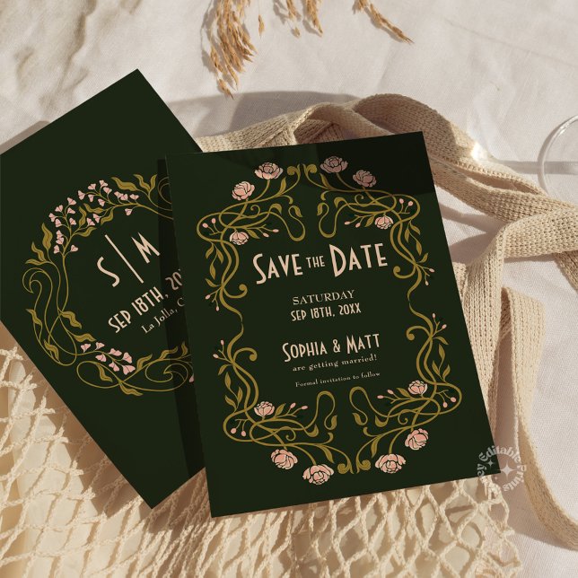 Convites Save The Date Green Art Nouveau Wedding (art nouveau wedding, green save the date, art nouveau invitation, vintage wedding invite, elegant sa)