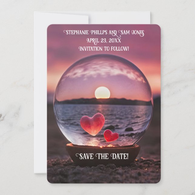 Convites Save the Date Hearts on the Beach Pretty (Frente)