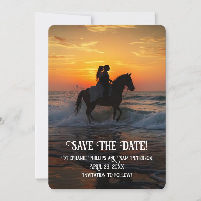Convites Save the Date Horseback Riding Beach (Frente)