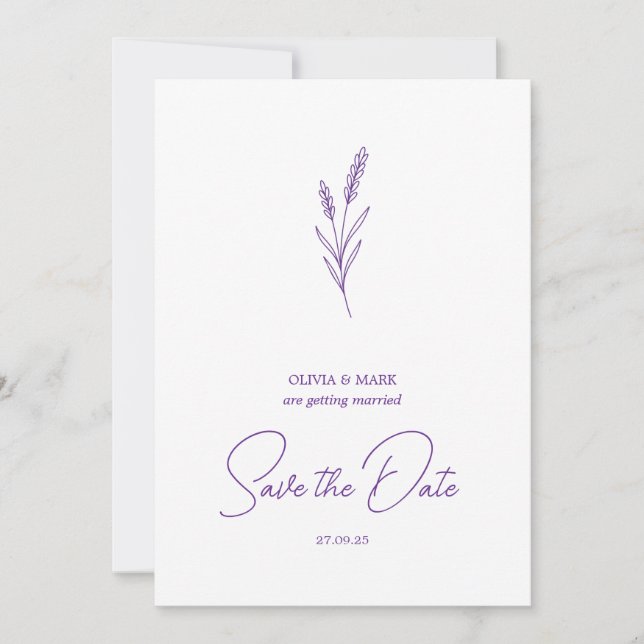 Convites save the date minimalist elegant writing lavender (Frente)