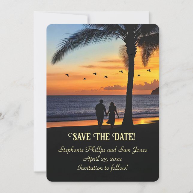 Convites Save the Date Tropical Beach Couple (Frente)