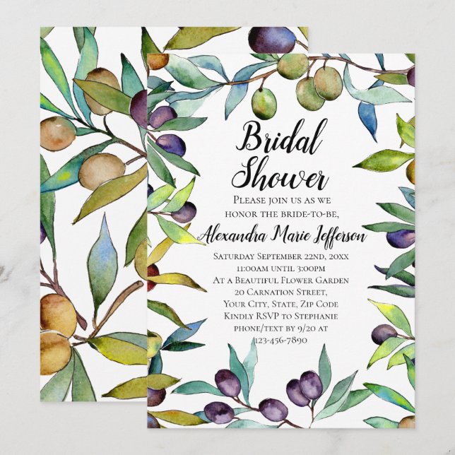 Convites Savory Olives Tuscan Watercolor Chá de panela (Frente/Verso)