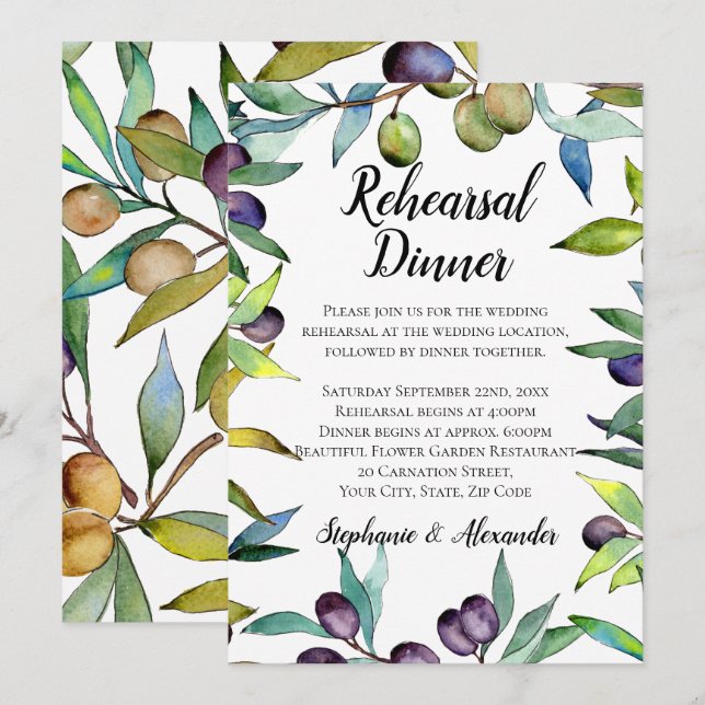 Convites Savory Olives Tuscan Watercolor Janta (Frente/Verso)