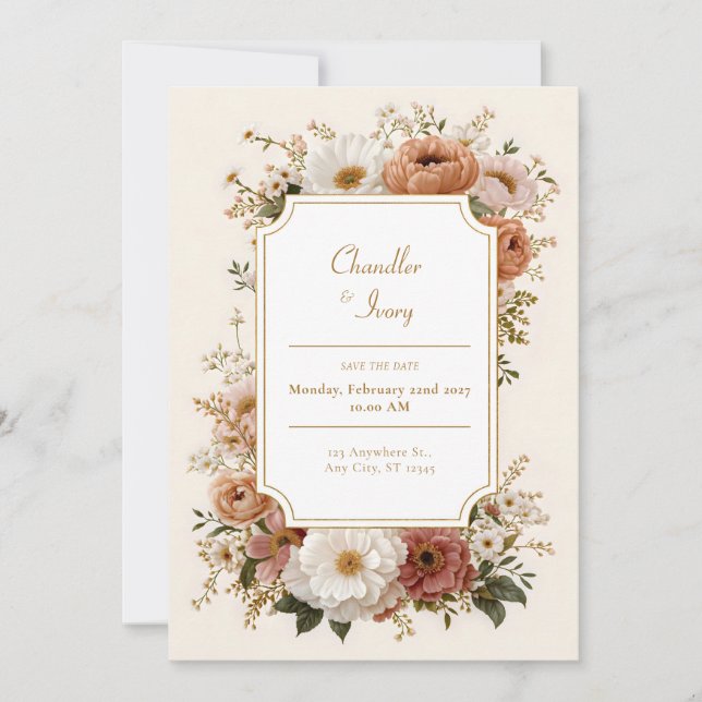 Convites Scalloped Terracotta Peach Wildflower Wedding (Frente)