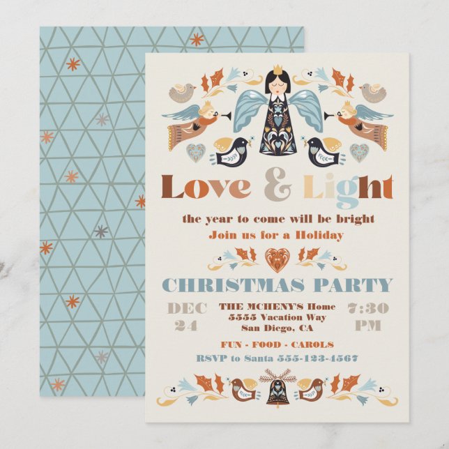 Convites Scandi Folk art Love and Light Christmas Party (Frente/Verso)