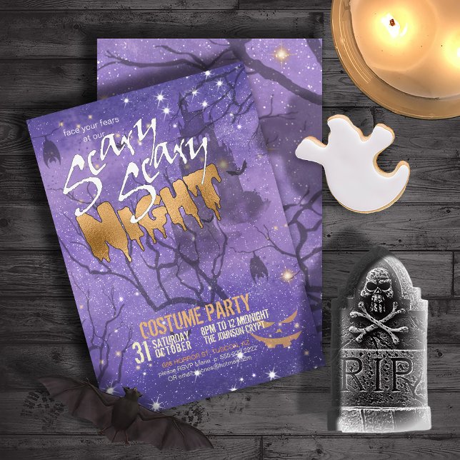Convites Scary Night Halloween Purple ID946 (Front/Back In Situ)