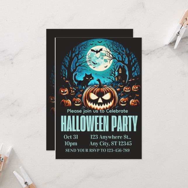Convites Scary Pumpkin Moonlit Halloween Party Invite (Frente/Verso In Situ)