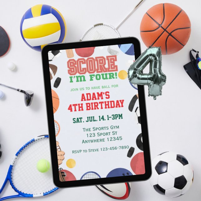 Convites Score I'm Four, Sports 4th Birthday (Criador carregado)