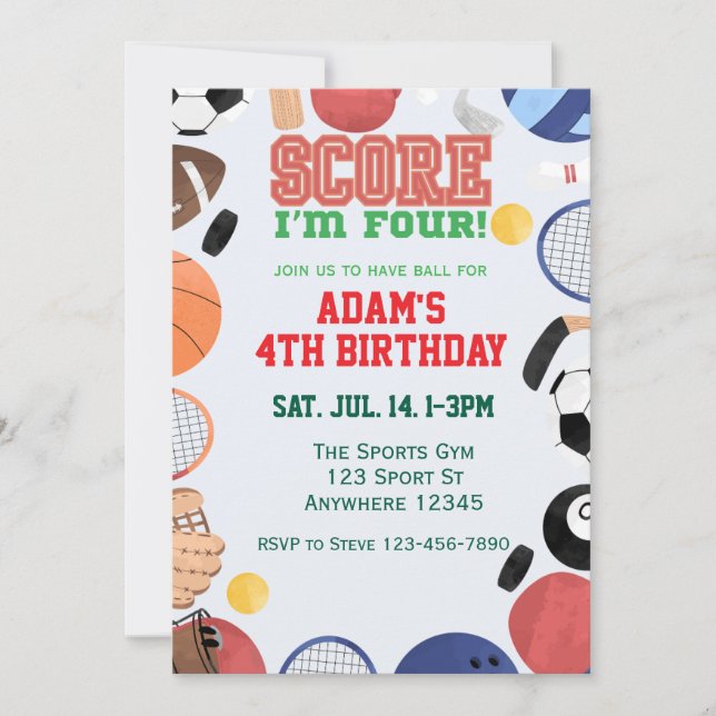 Convites Score I'm Four, Sports 4th Birthday (Frente)