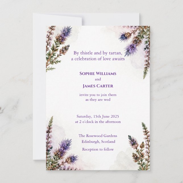 Convites Scottish Watercolour Thistle Wedding Invitation (Frente)