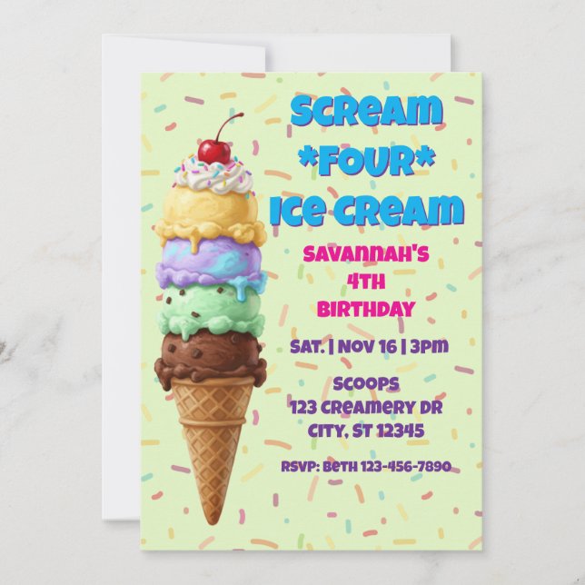 Convites Scream FOUR Ice Cream, 4th Birthday  (Frente)