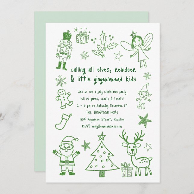 Convites Scribble Art Glitter Green Kids Festa de Natal (Frente/Verso)