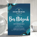 Convites Script Agate de Turquesa Moderna do bar Mitzvah<br><div class="desc">Tenha orgulho, alegria e mostre este marco do seu Bar favorito Mitzvah! Envie este convite legal, único, moderno, personalizado, com nome hebraico para um evento que se lembre. A tipografia da escrita branca e uma estrela dourada falsa de David sobrepõem um fundo azul-azul-turquesa profundo com agato azul-turquesa acentuado com veias...</div>