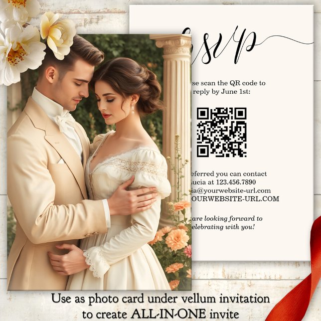 Convites Script All in One Vellum Photo Background Casament (Elegant script photo wedding invitation background with RSVP and QR code - vellum addition)