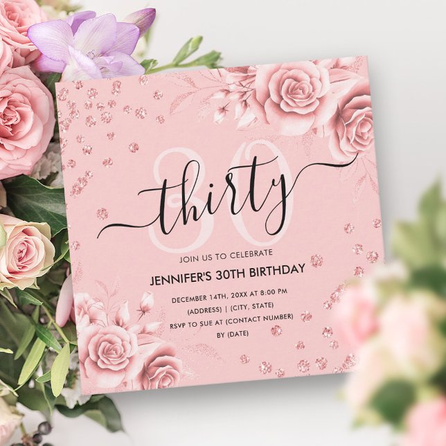 Convites Script aniversário de 30 anos Floral Dourado do ro (Rose Gold Gold Floral Glitter 30th Birthday Script Invitation)